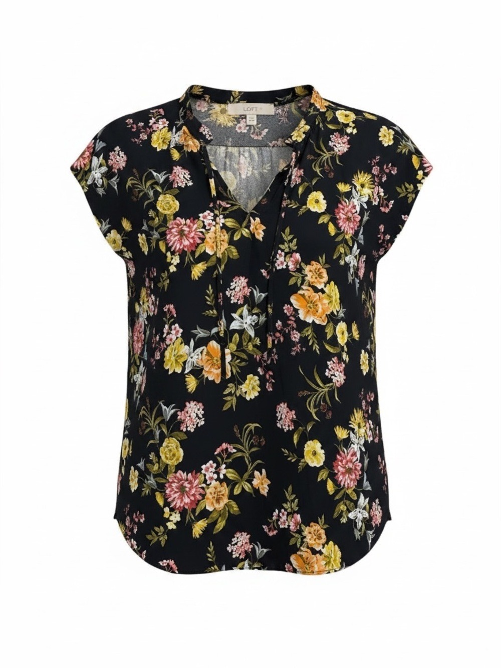 LOFT Black Floral V-Neck Cap Sleeve Blouse